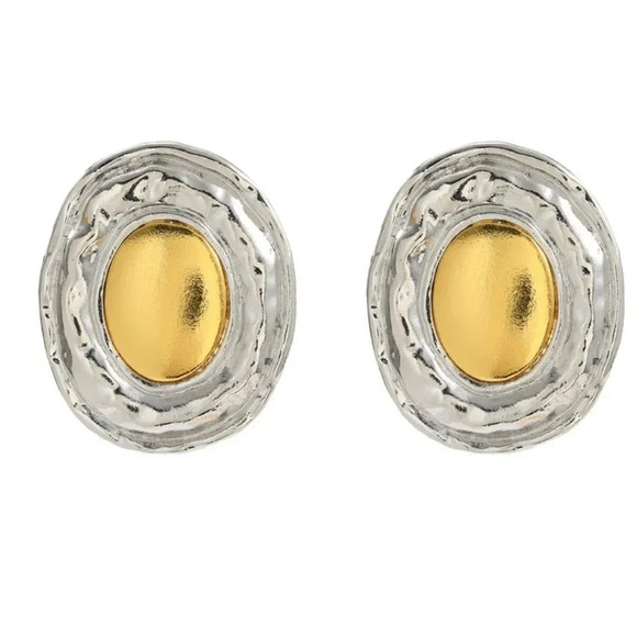 Silver Button Oval Earrings - Picture 4 of 6